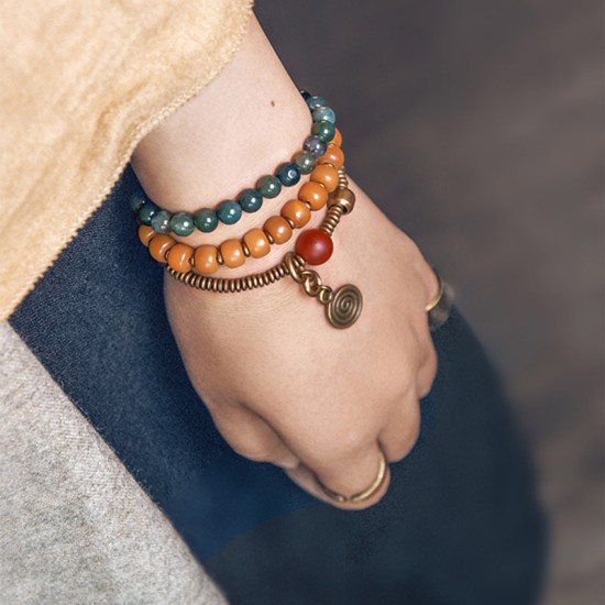 Weathered Bodhi Root Bracelets for women Aquatic agate brass beads bracelet for men Weathered Bodhi Root Bracelets for women Aquatic agate brass beads bracelet for men