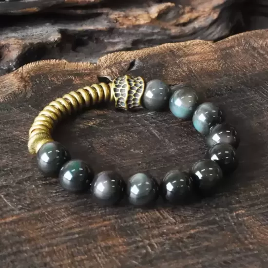 Black Obsidian & Brass 12mm Beaded Bracelet Black Obsidian & Brass 12mm Beaded Bracelet