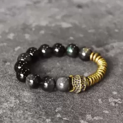 Black Obsidian & Brass 12mm Beaded Bracelet Black Obsidian & Brass 12mm Beaded Bracelet