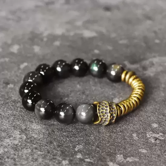 Black Obsidian & Brass 12mm Beaded Bracelet Black Obsidian & Brass 12mm Beaded Bracelet