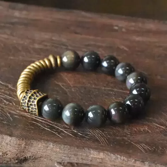 Black Obsidian & Brass 12mm Beaded Bracelet Black Obsidian & Brass 12mm Beaded Bracelet