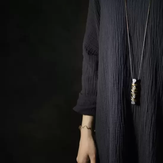 Ebony Wood & Brass Coil Pendant Necklace
