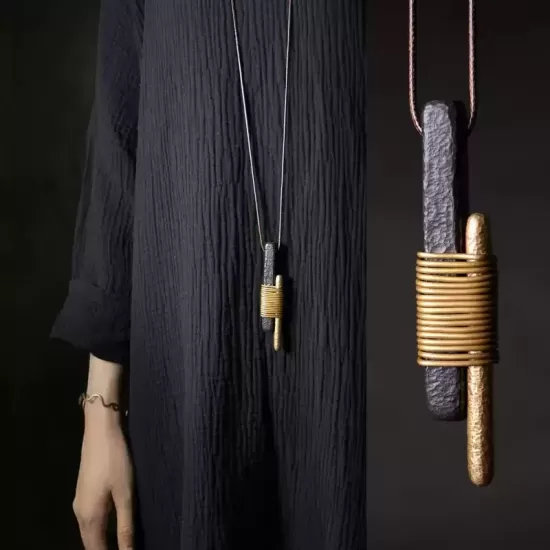 Ebony Wood & Brass Stick Pendant Necklace Ebony Wood & Brass Stick Pendant Necklace