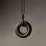 Hand-Finished Ebony Wood & Brass Circle Pendant Necklace