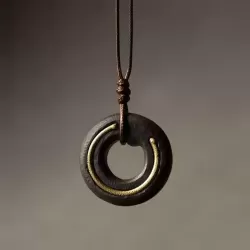 Hand-Finished Ebony Wood & Brass Circle Pendant Necklace