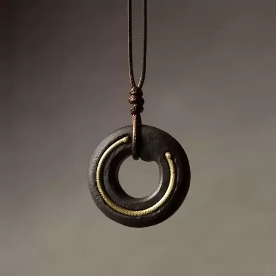 Hand-Finished Ebony Wood & Brass Circle Pendant Necklace Hand-Finished Ebony Wood & Brass Circle Pendant Necklace