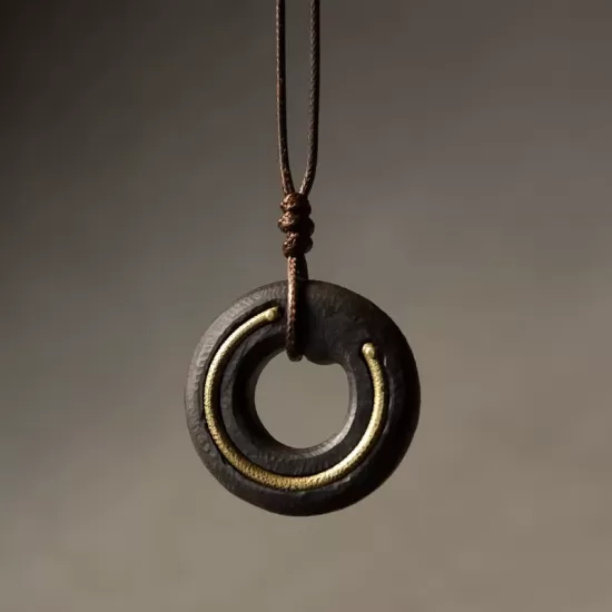 Hand-Finished Ebony Wood & Brass Circle Pendant Necklace Hand-Finished Ebony Wood & Brass Circle Pendant Necklace