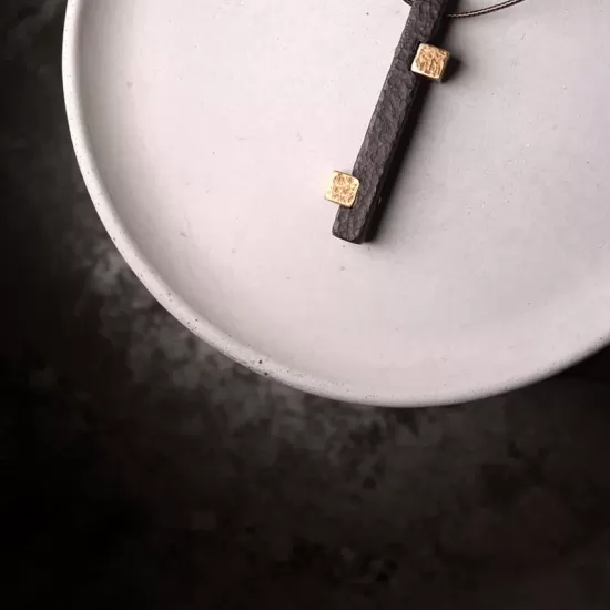 Long Ebony Wood & Brass Bar Pendant Necklace