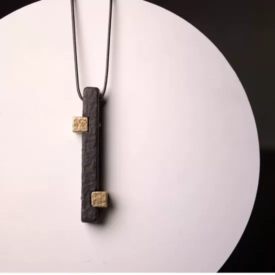 Long Ebony Wood & Brass Bar Pendant Necklace