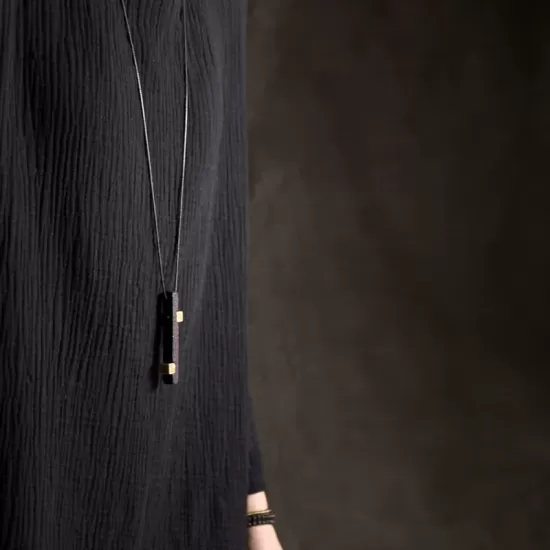 Long Ebony Wood & Brass Bar Pendant Necklace