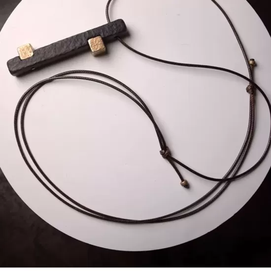 Long Ebony Wood & Brass Bar Pendant Necklace