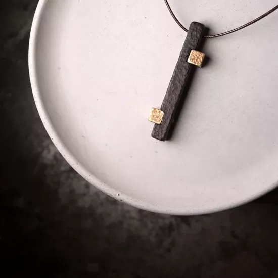 Long Ebony Wood & Brass Bar Pendant Necklace