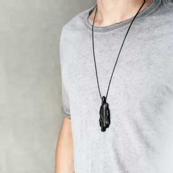Long Ebony Wood & Brass Inlay Pendant Necklace Long Ebony Wood & Brass Inlay Pendant Necklace
