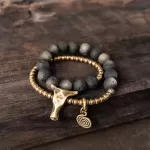 Matte Golden Obsidian Bull Skull Double-Wrap Bracelet