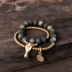 Matte Golden Obsidian Bull Skull Double-Wrap Bracelet