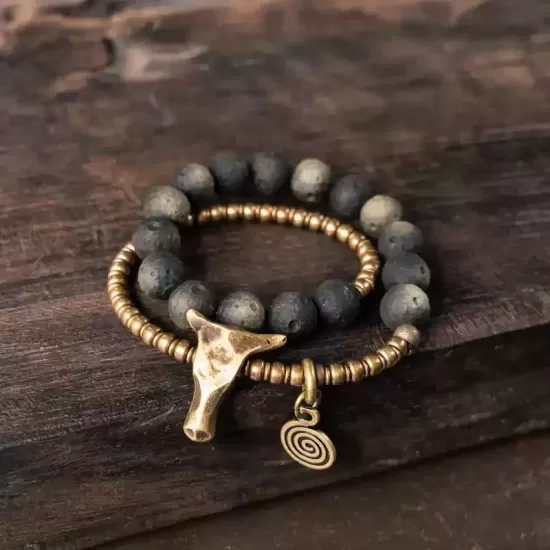 Matte Golden Obsidian Bull Skull Double-Wrap Bracelet Matte Golden Obsidian Bull Skull Double-Wrap Bracelet