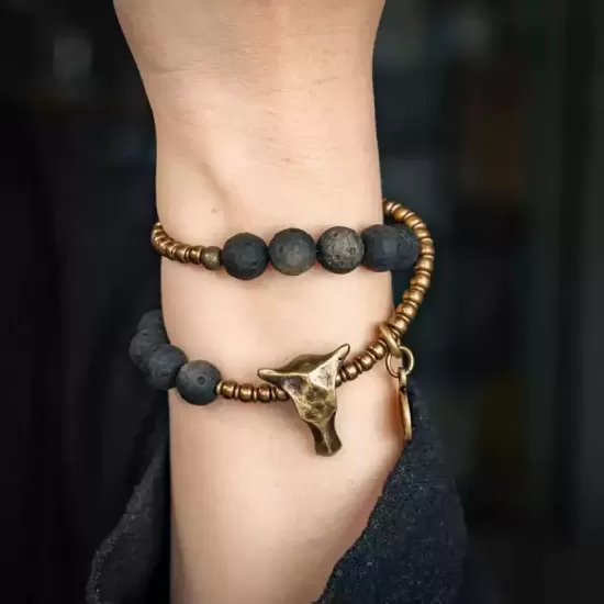 Matte Golden Obsidian Bull Skull Double-Wrap Bracelet Matte Golden Obsidian Bull Skull Double-Wrap Bracelet