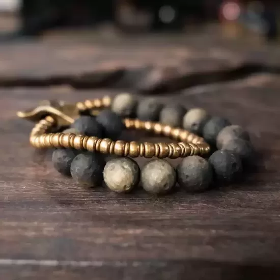 Matte Golden Obsidian Bull Skull Double-Wrap Bracelet Matte Golden Obsidian Bull Skull Double-Wrap Bracelet