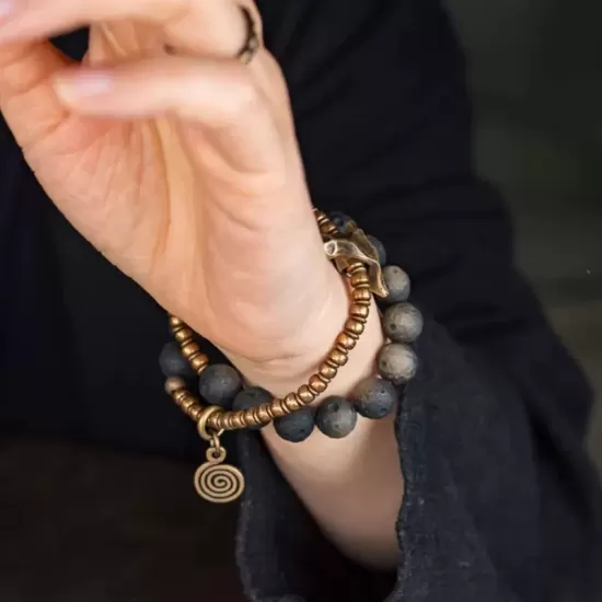 Matte Golden Obsidian Bull Skull Double-Wrap Bracelet Matte Golden Obsidian Bull Skull Double-Wrap Bracelet