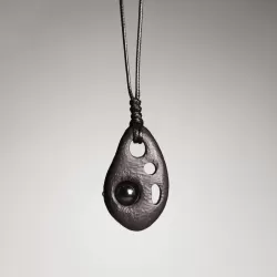 Perforated Ebony Wood & Obsidian Pendant Necklace