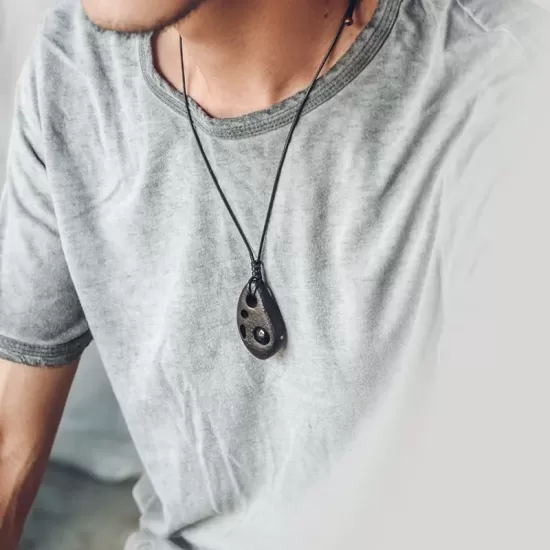 Perforated Ebony Wood & Obsidian Pendant Necklace Perforated Ebony Wood & Obsidian Pendant Necklace