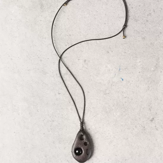 Perforated Ebony Wood & Obsidian Pendant Necklace Perforated Ebony Wood & Obsidian Pendant Necklace