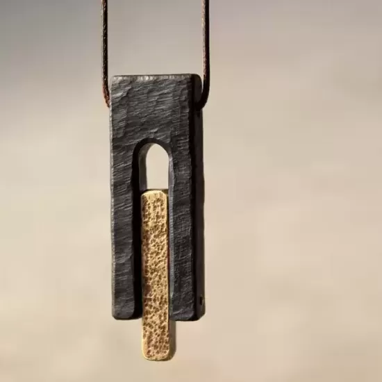 Rectangular Ebony Wood & Brass Pendant Necklace Rectangular Ebony Wood & Brass Pendant Necklace