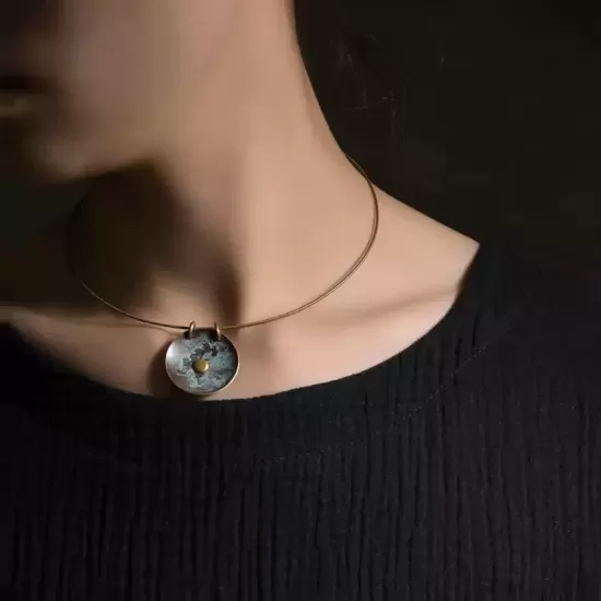 Round Patina Brass Disc Pendant Necklace Round Patina Brass Disc Pendant Necklace
