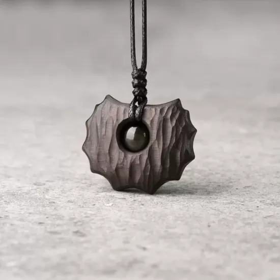 Sculpted Ebony Wood & Obsidian Pendant Necklace