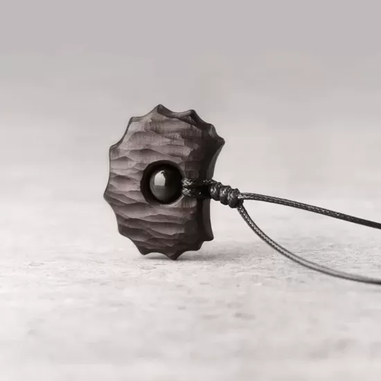Sculpted Ebony Wood & Obsidian Pendant Necklace