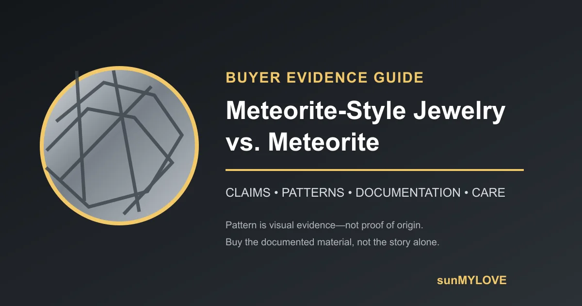 Buyer evidence diagram comparing meteorite-style jewelry with documented meteorite material