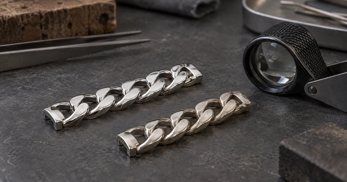 Generic bright rhodium-finished and naturally toned silver bracelet links on a jeweler workbench