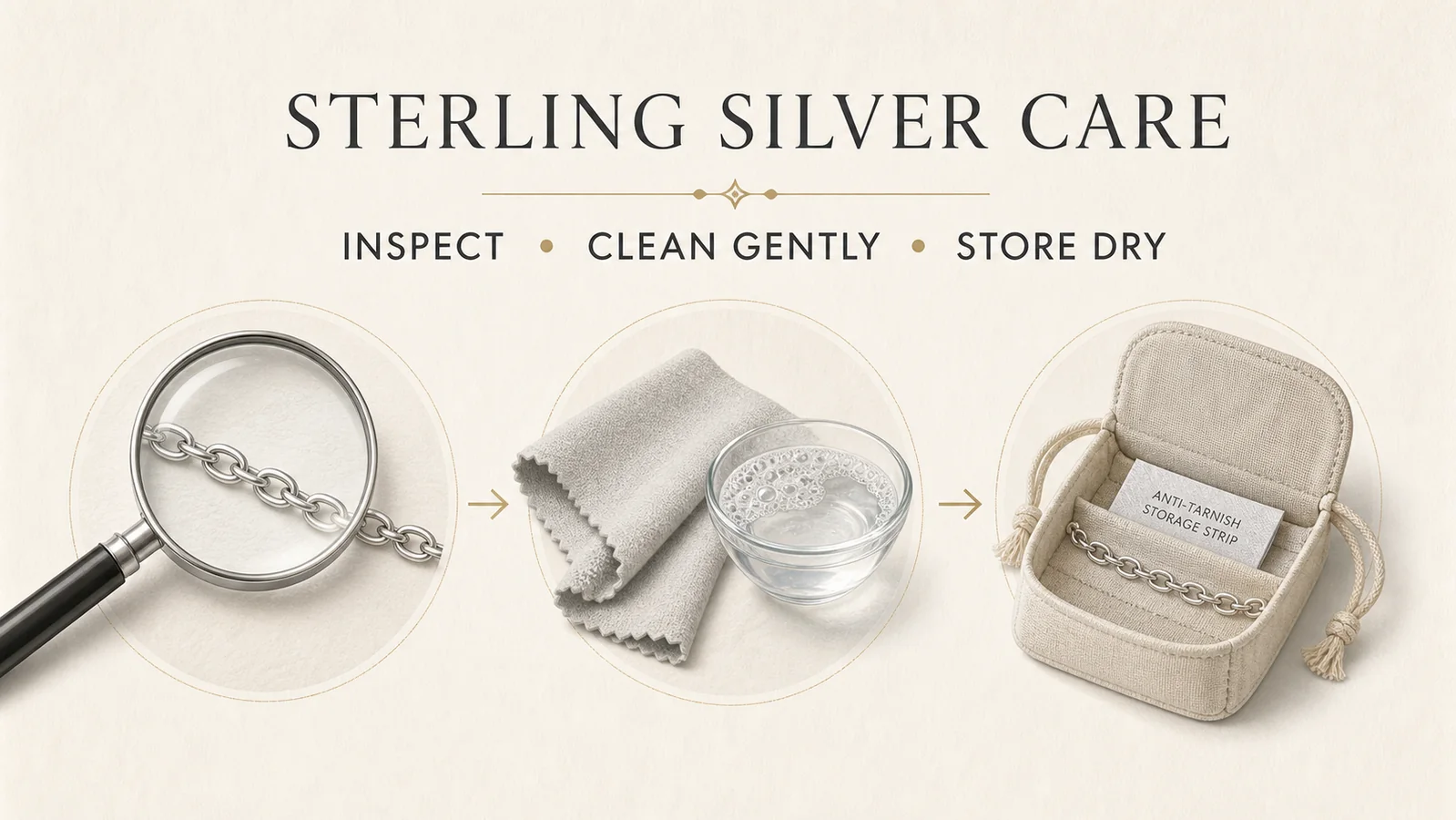Sterling silver bracelet care diagram showing inspection, gentle cleaning and dry storage