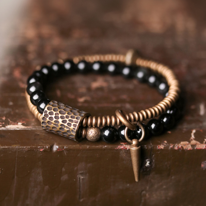 Double-layer black obsidian and brass bead bracelet by sunMYLOVE
